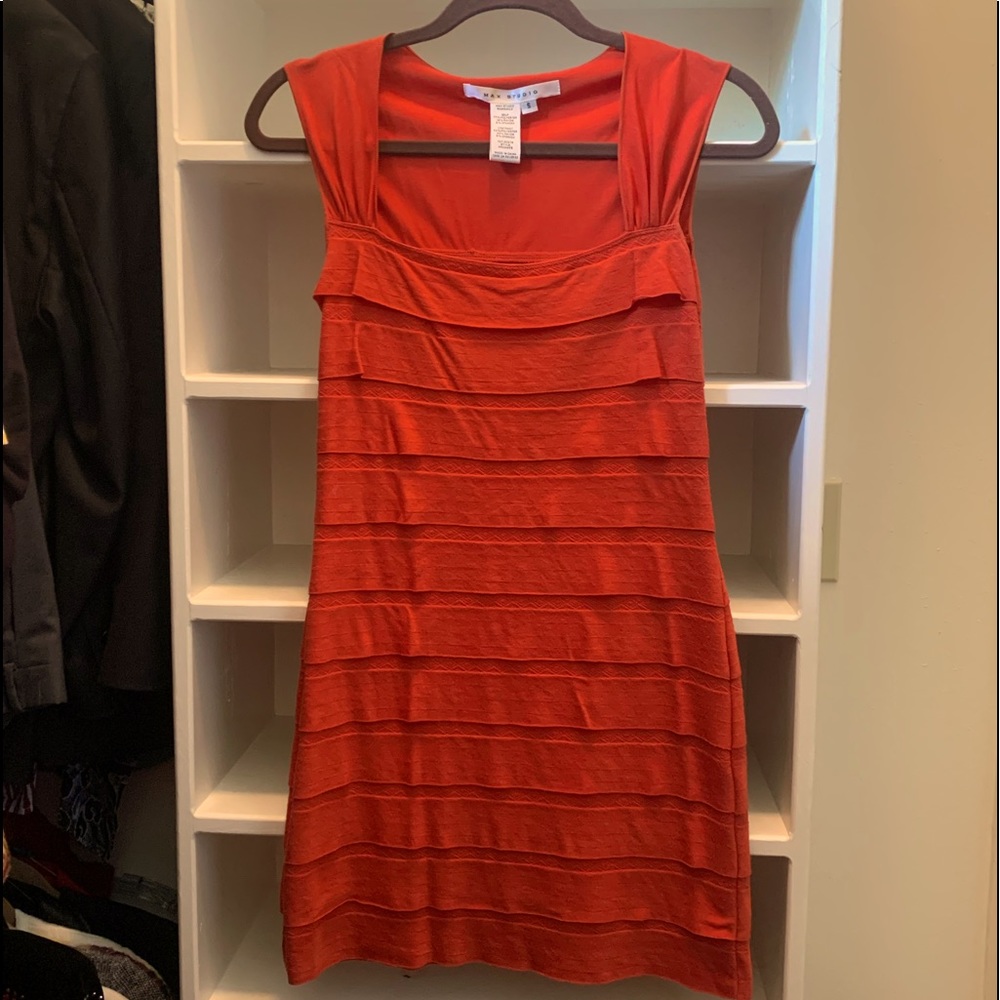 Max Studio Burnt Orange Ruffle dress with a boat neck.